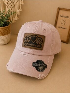 Pink Distressed Baseball Cap with Peace Love Dub Patch